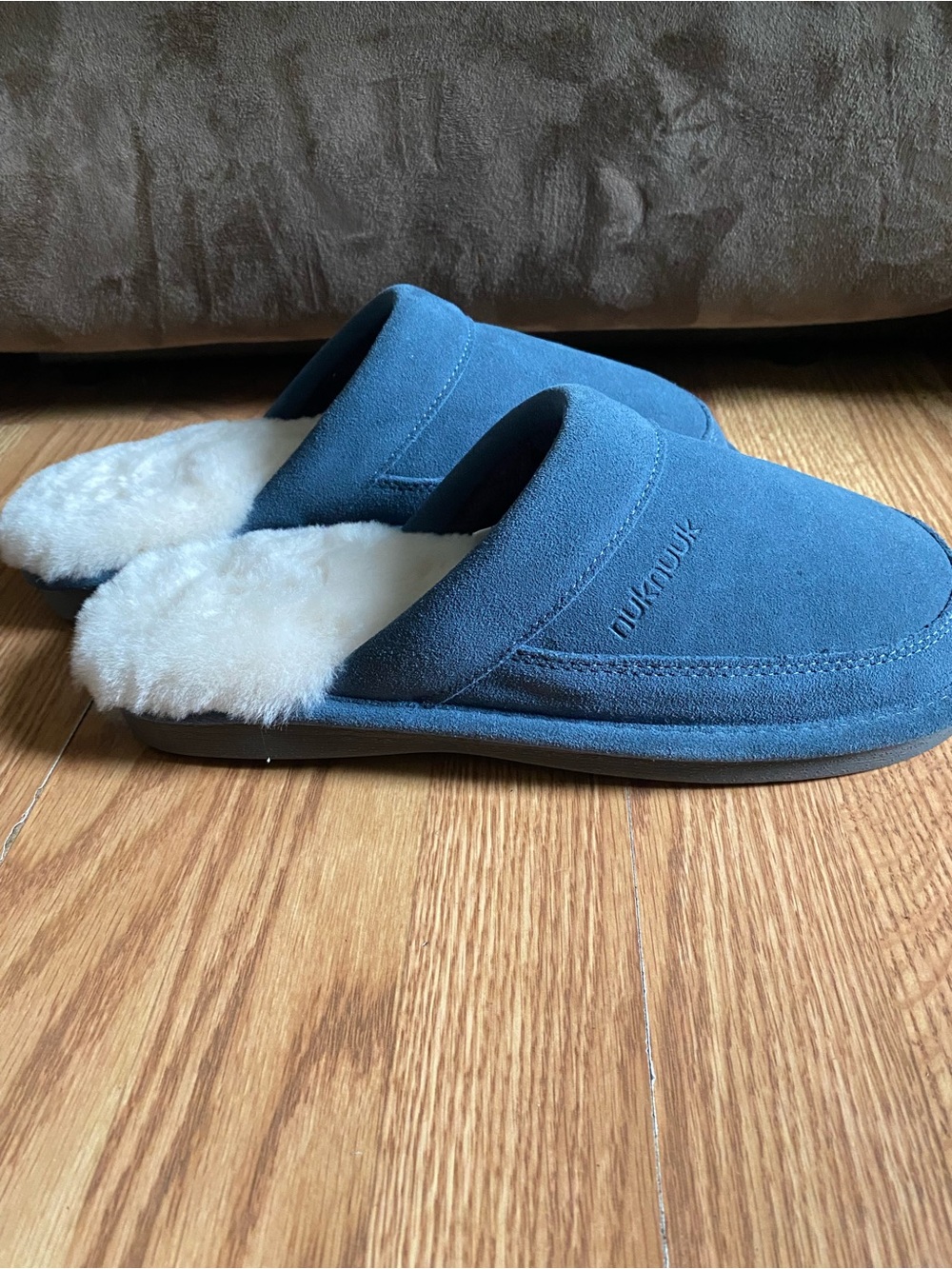 Men's Blue Suede Slide Slippers with Cream Shearling Lining